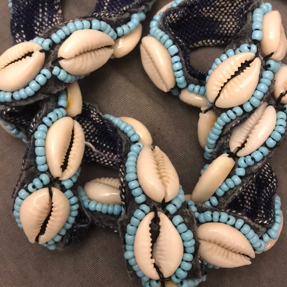 Boho White shell, Aqua bead and cloth tie belt 35” - Picture 2 of 5